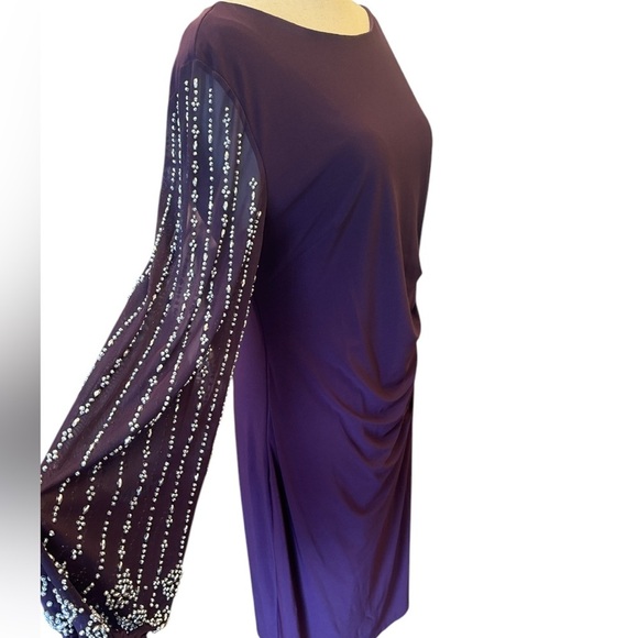 Marina Round Neck Beaded Lace Long Sleeve Side Drape Sheath Dress in Egg… - Picture 3 of 8